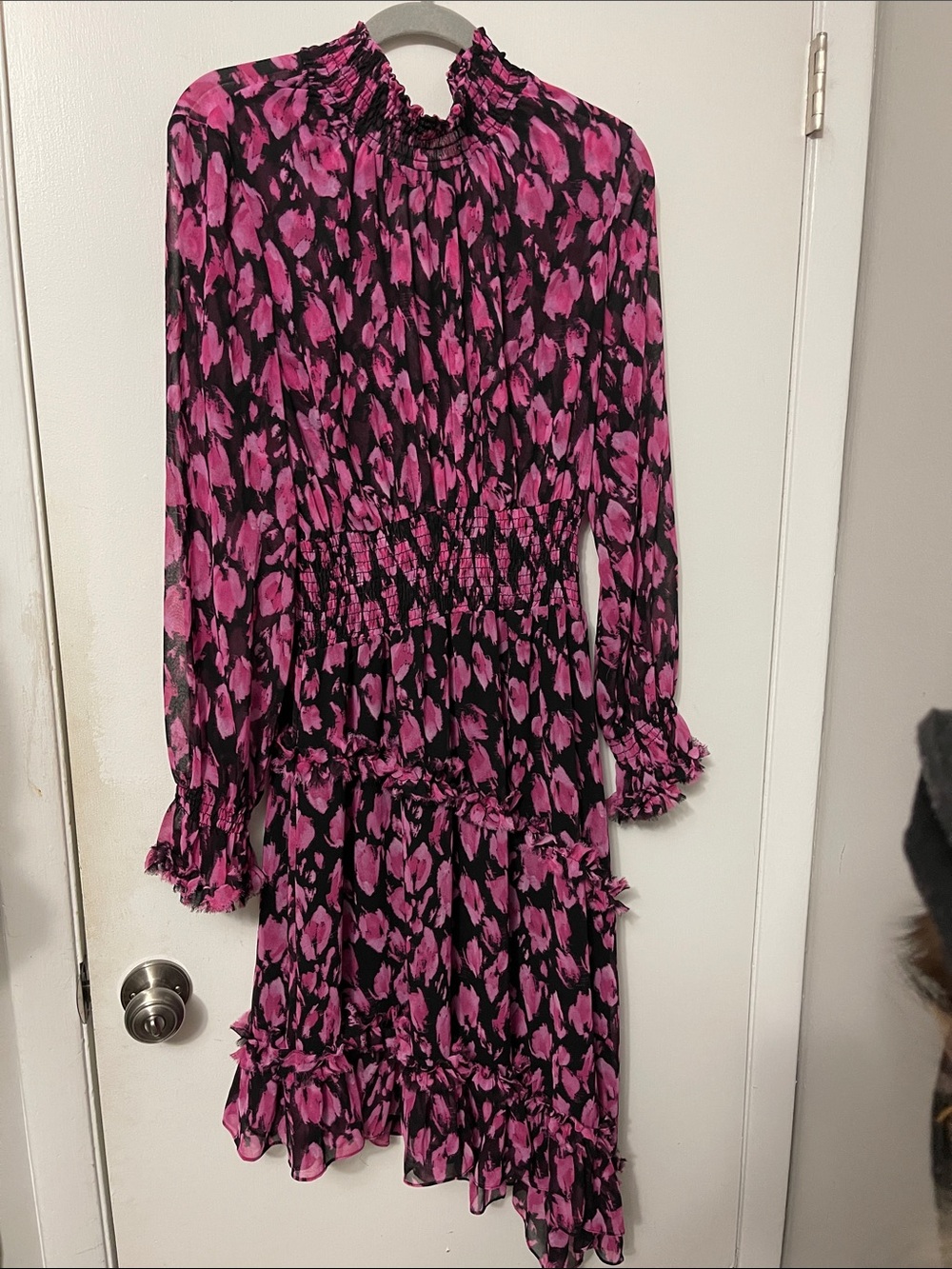 Misa Los Angeles Pink and Black High-Low Ruffled Dress
